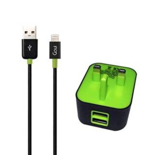 قوي شاحن جداري بمنفذين USB + كابل لايتنينج ، أسود