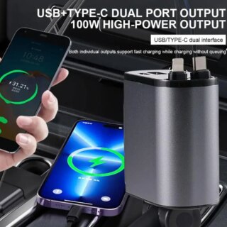 كابل USB من النوع C قابل للسحب للسيارة ، سلك شحن سريع 100 واط ، محول ولاعة سجائر ، آيفون ، هواوي ، سامسونج ، 4 في 1