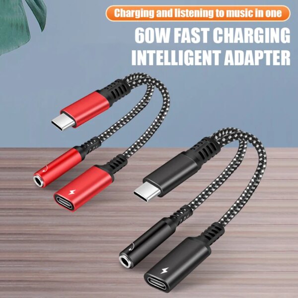 2in1 USB C إلى 3.5 مللي متر سماعة جاك محول نوع C PD 60 واط تهمة الصوت Aux محول لباد برو سامسونج S20 الترا شاومي هواوي