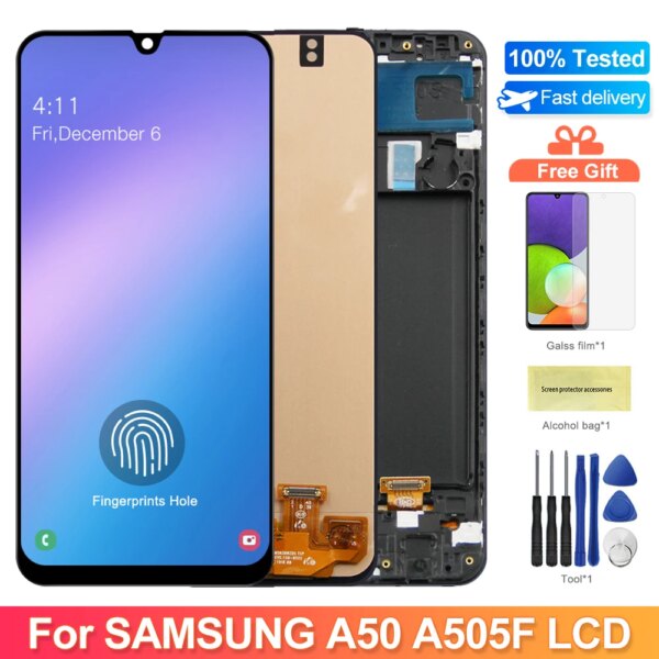 شاشة عرض سوبر أموليد A50 A505F A505F/DS 6.4 بوصة مع إطار لسامسونج جالاكسي A50 شاشة LCD تعمل باللمس قطع غيار محول الأرقام