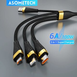 كابل asontech 3 في 1 USB 6A W لهواوي/هونور محمول TypeC لهاتف أيفون 14