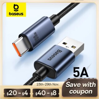 Baseus 66 واط/100 واط USB نوع C كابل لهواوي P50 P40 برو الشرف سوبر تهمة 6A شحن سريع USB C شاحن كابل بيانات سلك