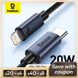 Baseus PD 20 واط USB C كابل آيفون 13 12 11 برو ماكس آيفون كابل شحن سريع آيفون X XR 8 USB نوع C إلى البرق كابل