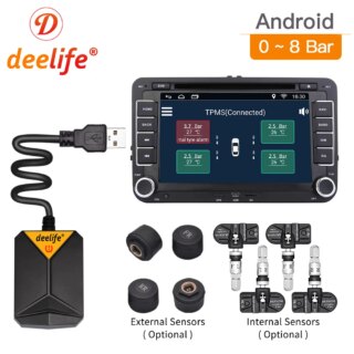 Deelife TPMS أندرويد نظام مراقبة ضغط الإطارات الغيار الإطارات الداخلية الخارجية الاستشعار عن سيارة مشغل دي في دي مزود براديو USB TMPS