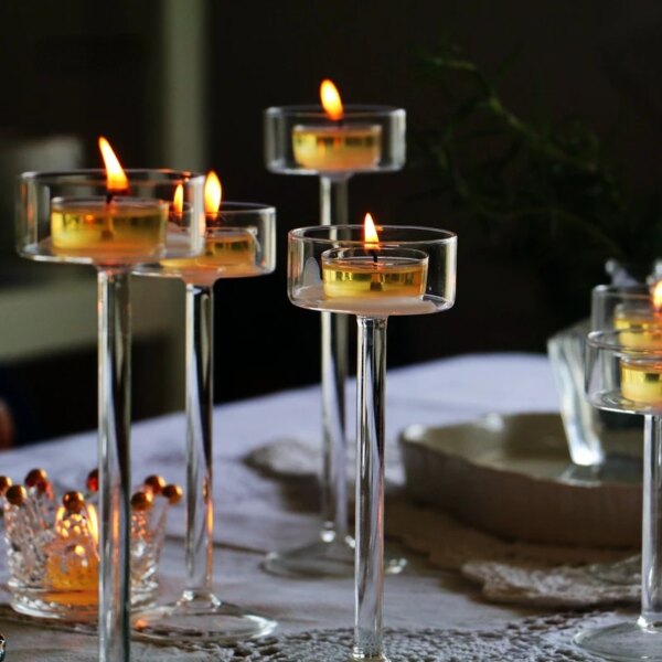 حامل الشموع الزجاجية مجموعة Tealight شمعة حامل ديكور المنزل قطع مركزية لطاولات الأفراح حامل الكريستال إعداد طاولة العشاء