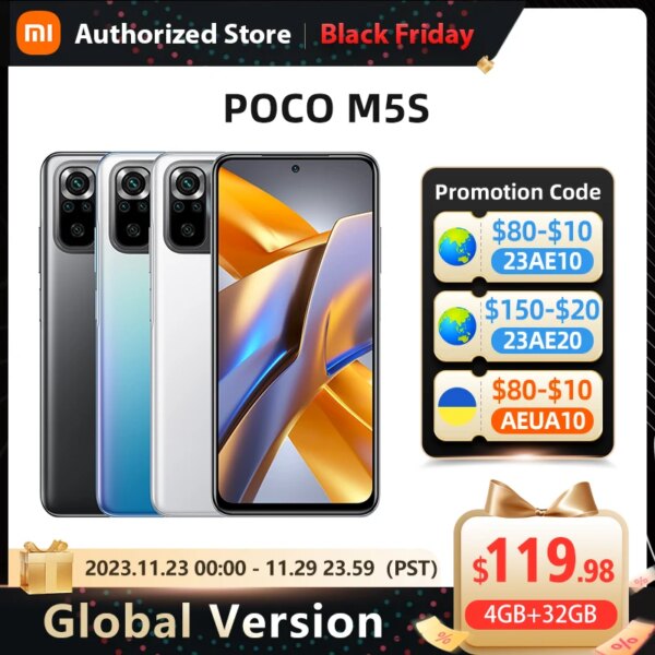 هاتف POCO M5s إصدار عالمي بذاكرة داخلية 64 جيجابايت/128 جيجابايت وكاميرا رباعية 64ميجابكسل وشاشة AMOLED Dotdisplay Helio G95 NFC 6.43 مللي أمبير/ساعة 33 واط هاتف ذكي سريع الشحن