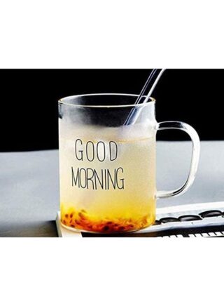 لاش كوب مطبوع بعبارة "Good Morning" مزود بمقبض زجاج شفاف 400ملليلتر