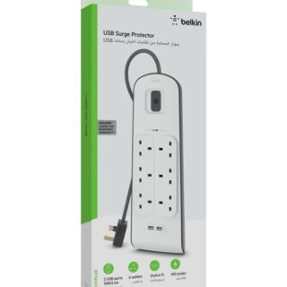 بيلكين 6-Outlet Surge Protector And 2-USB Ports With 2M Power Cord White 5.6×49.2x21cm