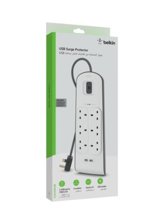 بيلكين 6-Outlet Surge Protector And 2-USB Ports With 2M Power Cord White 5.6×49.2x21cm