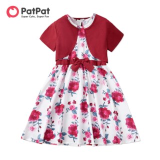 PatPat 2-قطعة طفل فتاة الزهور طباعة Bowknot تصميم أكمام اللباس و سترة مجموعة