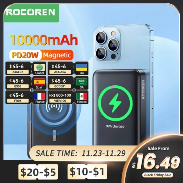 شاحن لاسلكي من Rocoren بسعة 10000 مللي أمبير في الساعة شاحن لاسلكي صغير بقدرة 20 واط 5000 مللي أمبير في الساعة لهواتف iPhone 14 13 Pro بطارية خارجية محمولة