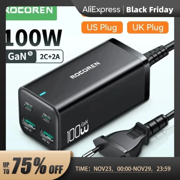 شحن سريع من Rocoren GaN من النوع C شحن سريع مع شحن USB لجهاز MacBook Pro وهاتف iPhone