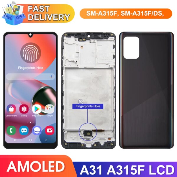 سوبر AMOLED A31 عرض مع بصمات الأصابع ، لسامسونج غالاكسي A31 A315 A315F شاشة Lcd تعمل باللمس الرقمية مع الإطار