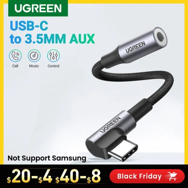 UGREEN 90 درجة USB C سماعة محول 90 درجة 3.5 مللي متر أنثى إلى نوع C ذكر سماعة AUX الصوت كابل محول لهواوي P40