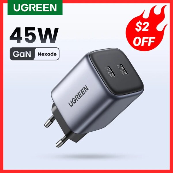 شاحن يو اس بي UGREEN US Plug 45 وات ، شاحن سريع PD QC 3.0 USB C ، شاحن سريع لايفون 14 13 ، شاحن سفر محمول