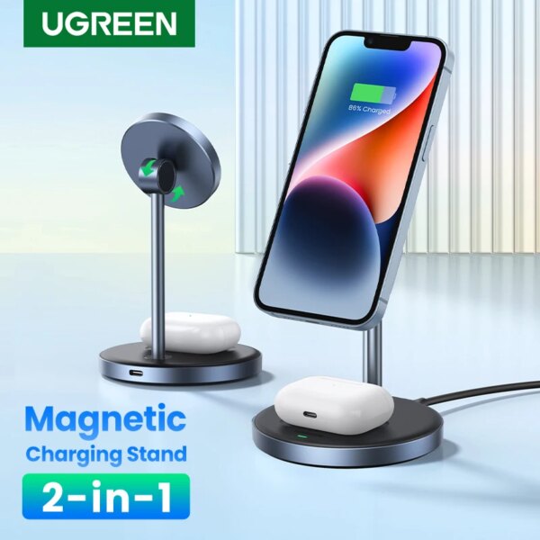 حامل شحن لاسلكي مغناطيسي من UGREEN بقدرة 20 واط بحد أقصى 2 في 1 للشحن لهواتف iPhone 14 Pro Max/iPhone 13/AirPods شاحن سريع