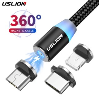 USLION 3 في 1 المغناطيسي USB كابل آيفون 14 13 شاومي سامسونج نوع C كابل LED شحن سريع بيانات تهمة مايكرو USB كابل الحبل