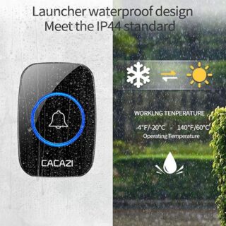 CACAZI Waterproof Wireless Doorbell with LED Flash, Over 1000 Feet Range, 60 Sounds and 5 Levels of Volume, Cordless Doorbell for Home, Office, Apartment, Hotel, Warehouse and Anti-Theft Black