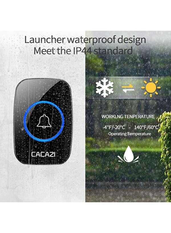 CACAZI Waterproof Wireless Doorbell with LED Flash, Over 1000 Feet Range, 60 Sounds and 5 Levels of Volume, Cordless Doorbell for Home, Office, Apartment, Hotel, Warehouse and Anti-Theft Black