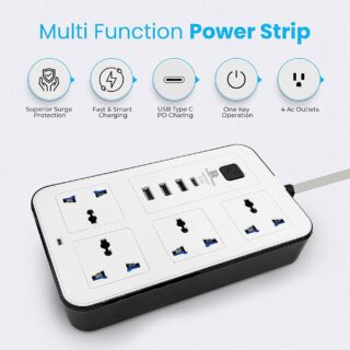 Rock Pow Universal Extension Cord with 4 Power Socket and 3 USB Slots 3 meter 4 Way Power Strip with USB type C PD Charging slot Extension Lead 3 meter