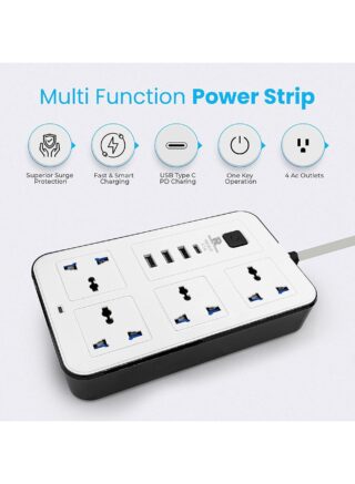 Rock Pow Universal Extension Cord with 4 Power Socket and 3 USB Slots 3 meter 4 Way Power Strip with USB type C PD Charging slot Extension Lead 3 meter