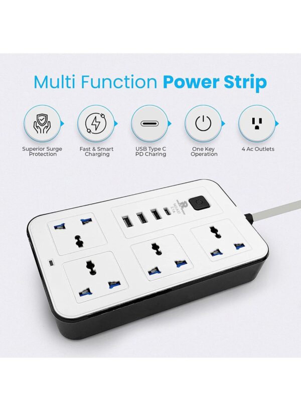 Rock Pow Universal Extension Cord with 4 Power Socket and 3 USB Slots 3 meter 4 Way Power Strip with USB type C PD Charging slot Extension Lead 3 meter