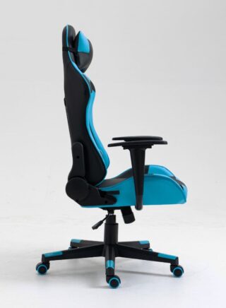 سويتش كرسي دريك لألعاب الكمبيوتر والسباقات بتصميم دوار وبظهر عالٍ وثابت بشكل مريح وبإمالة كاملة قابلة للتعديل ومصنوع من الجلد الصناعي بالكامل مع زخارف باللون الأسود طراز 5727Lb، لون أزرق أزرق فاتح