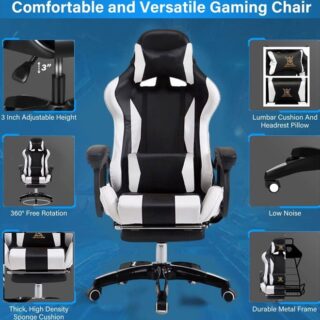 LR Gaming Chair High Back Computer Chair PU Leather Desk Chair PC Racing Executive Ergonomic Adjustable Swivel Work Chair with Headrest and Lumbar Support