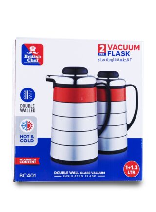 British Chef 2pcs Vacuum Insulated Flask For Keeping Hot Cold Long Hour Heat Cold Retention, Double Walled Glass Vacuum 1LTR + 1.3 LTR, Ideal for Social Events