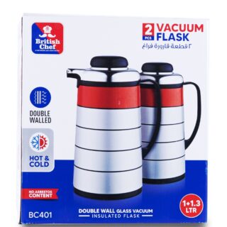 British Chef 2pcs Vacuum Insulated Flask For Keeping Hot Cold Long Hour Heat Cold Retention, Double Walled Glass Vacuum 1LTR + 1.3 LTR, Ideal for Social Events