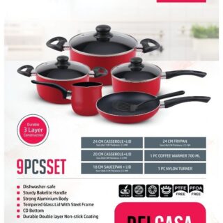 DELCASA Delcasa 9-Piece Non-Stick Cookware Set Red Aluminum Body With 3-Layer Non-Stick Coating