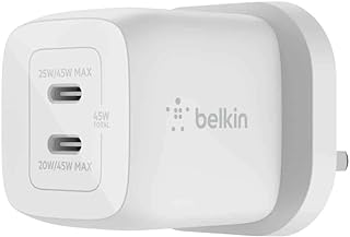 Belkin 45W Dual USB Type C Wall Charger, Fast Charging Power Delivery 3.0 with GaN Technology for iPhone 15, 14, 13, 12, Pro, Pro Max, iPad Pro 12.9, 11, MacBook, Galaxy S24, S24+, Ultra, Tab And More