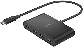 محول دونجل متعدد المنافذ كونيكت USB-C™، مع 4 منافذ USB-C 3.2 جين 2 وبي دي 100 واط مع نقل بيانات عالي السرعة بحد اقصى 10Gbps لجهاز ماك بوك وايباد وكروم بوك والكمبيوتر وغيرها، من بيلكن، أسود