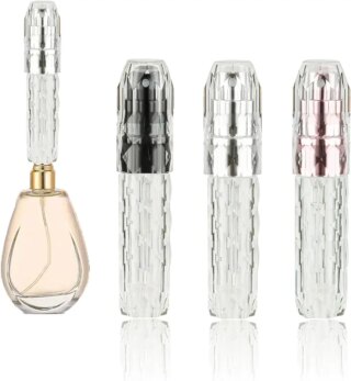 بخاخ عطر 5 مل قابل لاعادة الملء، زجاجة عطر للسفر قابلة لاعادة الملء للنساء والرجال، زجاجة عطر صغيرة قابلة لاعادة التعبئة للسفر ورحلات العمل والانشطة الخارجية – اسود/فضي/زهري