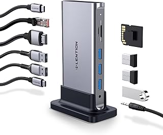 لينشين قاعدة شحن USB C مع HDMI 4K 60Hz 100 واط PD، جيجابت ايثرنت، قارئ بطاقات، USB 3.0، محول Aux لماك بوك برو الجديد وماك اير/سيرفيس، وغيرها، معتمد من برنامج تشغيل ثابت (CB-D54، رمادي سبيس)