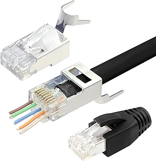 فيس لينك موصلات تمرير Cat7 Cat6A RJ45 محمية من 30 قطعة، 3 شقوق مطلية بالذهب 50μ أطراف ايثرنت معيارية مع جزمات تخفيف الضغط (اسود)، لباور بنك