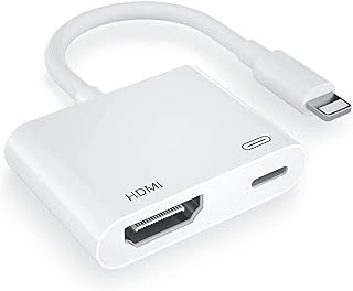 [معتمد من ابل] محول ايه في الرقمي عالي الدقة من لايتننج إلى HDMI، محول فيديو ومزامنة صوت 1080P محول AV مع منفذ شحن لمحول ايفون HDMI إلى تلفزيون عالي الدقة / جهاز عرض / شاشة يدعم جميع أجهزة iOS.، ابيض