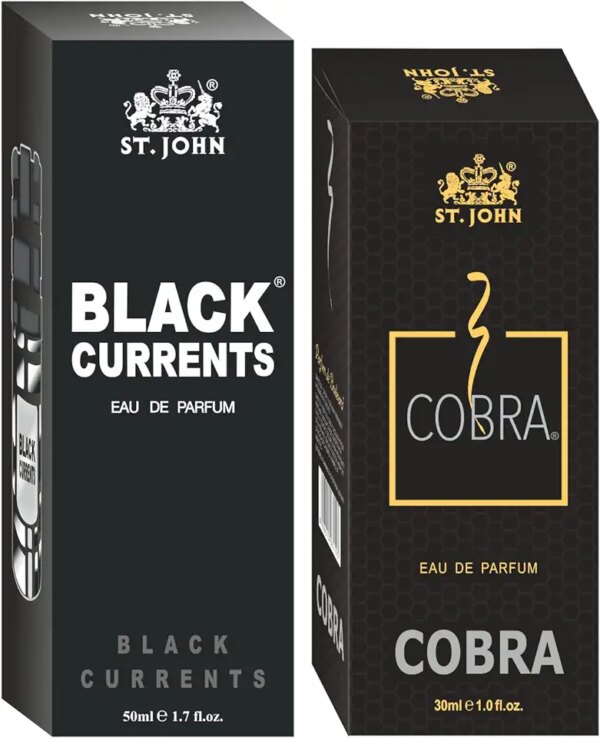 عطر للرجال والنساء من اس تي جون، عطر يدوم طويلا، رائحة لا تقاوم، عطر منعش ومهدئ للرجال والنساء، او دي بارفان، بلاك كيرنتس وكوبرا (50 مل + 30 مل، عبوة من قطعة واحدة)