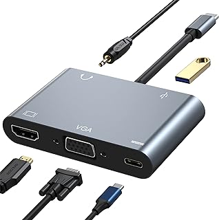 محول متعدد المنافذ 5 في 1 من VGA الى HDMI 4K، منفذ USB 3.0 نوع C لنقل البيانات، منفذ ميكروفون صوت 3.5 ملم، تقنية توصيل الطاقة PD بقدرة 100 واط، لاجهزة ماك بوك اير وديل XPS وغير ذلك، من فيوسيوتيم