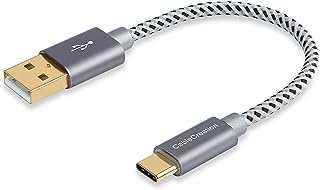 كيبل كريشن كيبل USB الى USB C قصير 0.5 قدم، كيبل USB A الى USB C للشحن السريع، كيبل مضفر USB A ذكر الى USB C ذكر لباور بانك، جالكسي S23 الترا، رمادي 15 سم/6 انش