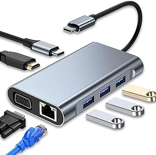 موزع USB C، محول USB C متعدد المنافذ 7 في 1 مع 4K HDMI VGA USB 3.0 100 واط PD وRJ45 ايثرنت، قاعدة شحن USB C متوافقة مع لابتوب ماك بوك برو واير USB C والاجهزة الاخرى من النوع C، من اس زي باك ميت