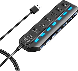 موزع USB 3.0 بـ7 منافذ مع مفاتيح LED فردية للتشغيل والايقاف من اكسين، وصلة USB بيانات عالية السرعة 5 جيجابايت في الثانية للابتوب واي ماك وذاكرة فلاش USB وهارد ديسك المحمول والطابعة والكاميرا والمزيد