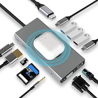 موزع USB C 13 في 1 مع كابل لوسم لادن، محول محطة توصيل مع 4K-HDMI وVGA وRJ45 ايثرنت و2×USB3.0 وUSB C 3.0 و2.0 وPD 100 واط، SD/TF وAUX 3.5 ملم، متوافق مع ماك بوك برو ولابتوب اندره