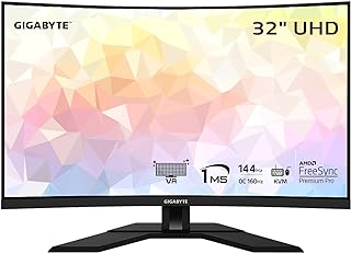 جيجابايت شاشة العاب منحنية M32UC 32 انش 144Hz (160Hz OC) 4K UHD UHD وSS VA 3840×2160 ووقت استجابة 1 مللي ثانية (ام بي ار تي)، 1 × منفذ عرض 1.4، 2 × HDMI 2.1، 1 × USB C، 4 × USB 3.2