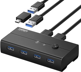 محول كيه في ام بمنفذ USB 3.2 الجيل الأول بسرعة 5 جيجابت في الثانية، موزع مفتاح كيه في ام لجهازي كمبيوتر مشتركين وماوس وكيبورد وماسح ضوئي ومنفذين ومخرج بـ4 منافذ من فيديكو