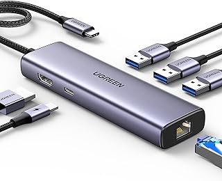 يوجرين موزع USB C 6 في 1 من ريفودوك 1061 مع جيجابت ايثرنت، HDMI 4k@30Hz، شحن USB C PD 100 واط، 3 منافذ USB 3.0 5Gbps محول متعدد المنافذ لماك بوك برو/اير M1/M2 2023، لينوفو، ديل، اتش بي، اكس بي اس،