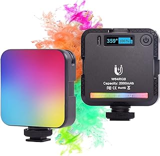 مصباح فيديو RGB صغير W64، 6 واط 2000mAH قابل لإعادة الشحن CRI 95+ 2500-9000 كلفن، إضاءة فيديو LED 800 لوكس/0.3 متر، ضوء تصوير محمول ملون بالكامل 360 درجة تصميم مغناطيسي، 20 تأثير لوني.