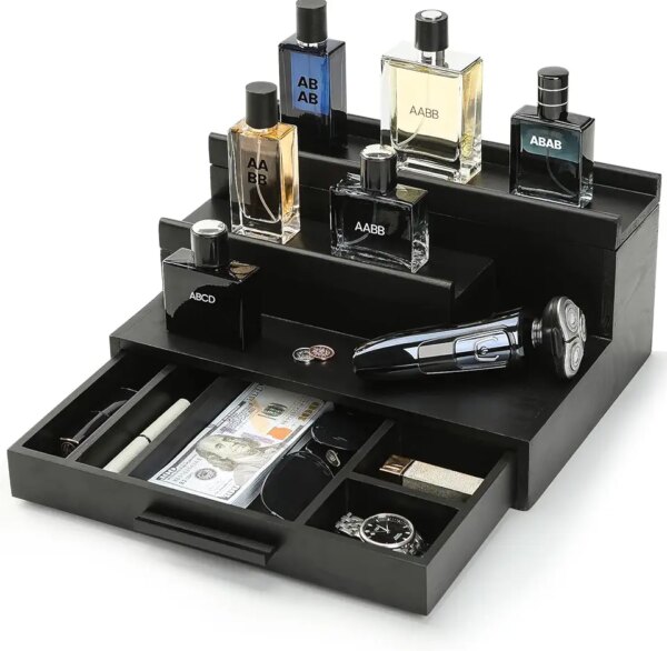 منظم كولونيا للرجال – حامل عطر خشبي مع درج ومساحة تخزين مخفية، صينية كولونيا من 3 طبقات للتنظيم والتخزين، هدية رائعة للرجال، اسود، مستطيلي