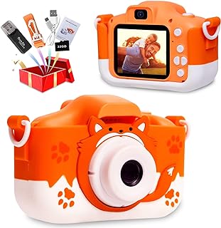 كاميرا رقمية للاطفال – العاب كاميرا سيلفي لوفنوف للفتيات من سن 3-8 سنوات، كاميرا فيديو رقمية للاطفال مع غطاء سيليكون ناعم على شكل ثعلب، هدية مثالية للاطفال، بطاقة SD 32G متضمنة (برتقالي)