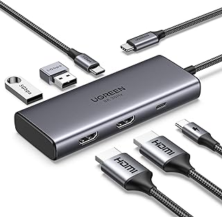 يوجرين موزع USB C مزدوج 4K@60Hz HDMI 6 في 1، قاعدة شحن USB C للابتوب بشاشة مزدوجة 4K عند 60Hz HDMI وشحن PD ونوع C 3.0 و2 USB A 3.0 منفذ بيانات لاجهزة ماك بوك/ايباد/ديل/اتش بي/ثينك باد/سيرفس برو